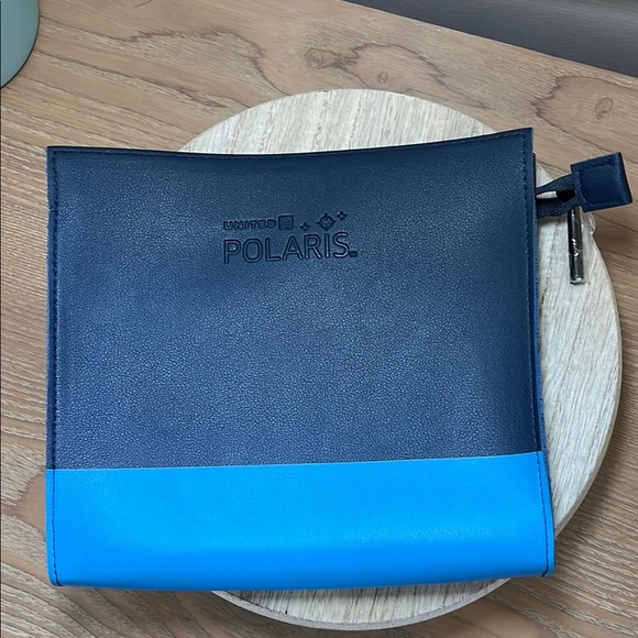 United Airlines Polaris Business Class Amenity Travel Bag Leather Suede Blue - Picture 1 of 6
